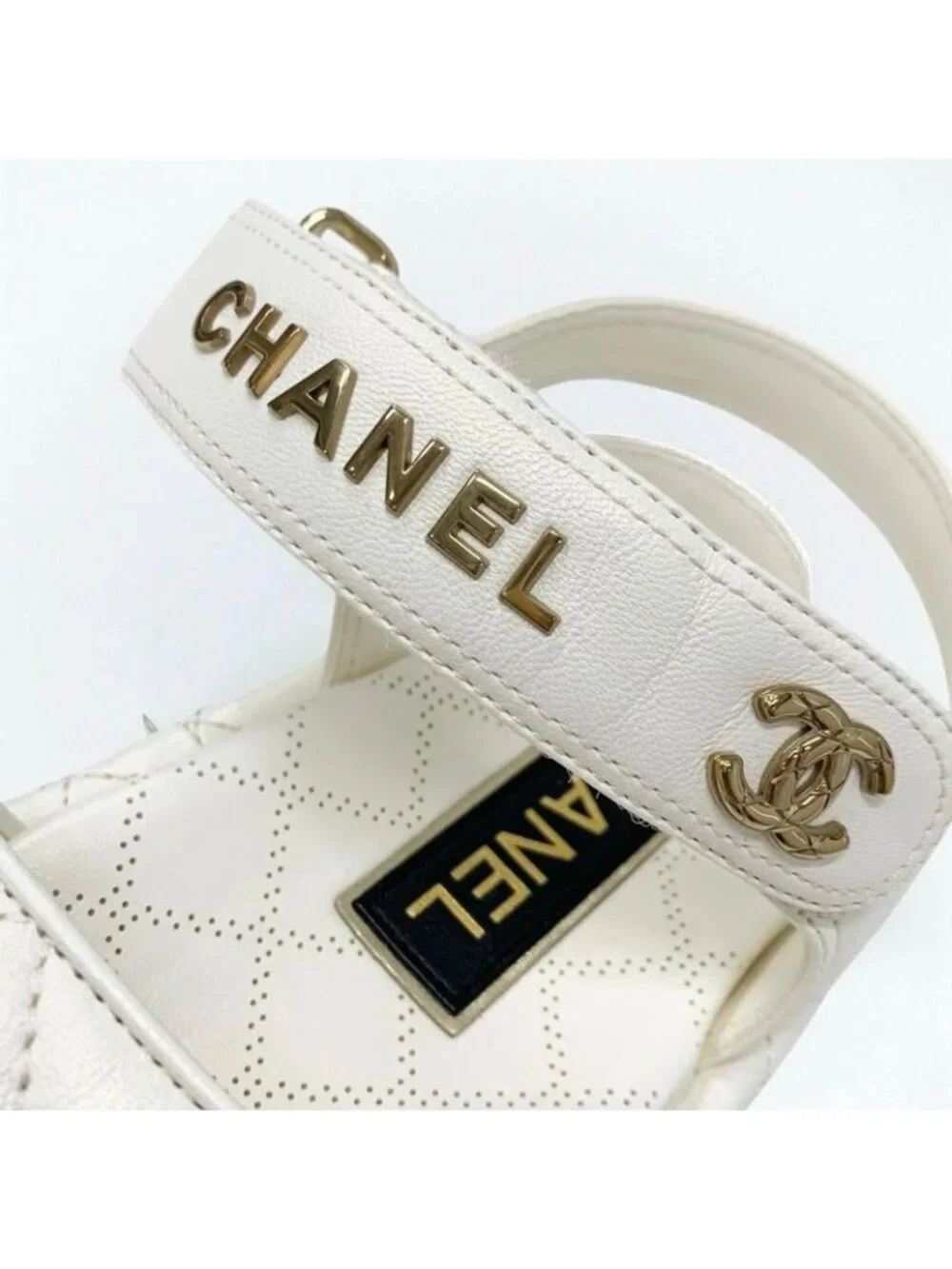 Chanel Sandals Shoes Leather White Gold Quilted Coco Mark Logo Velcro - Picture 9 of 10